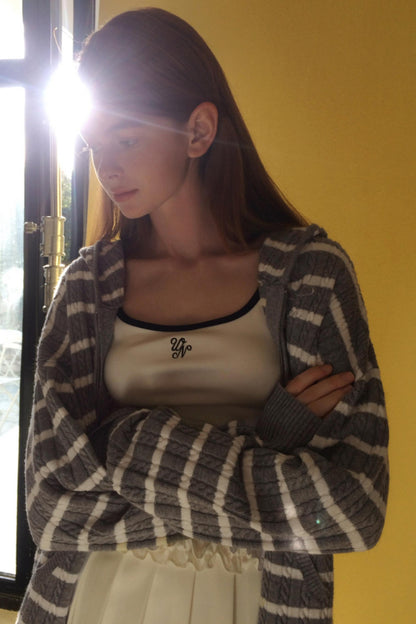 Vintage Gray Striped Hoodie Cardigan