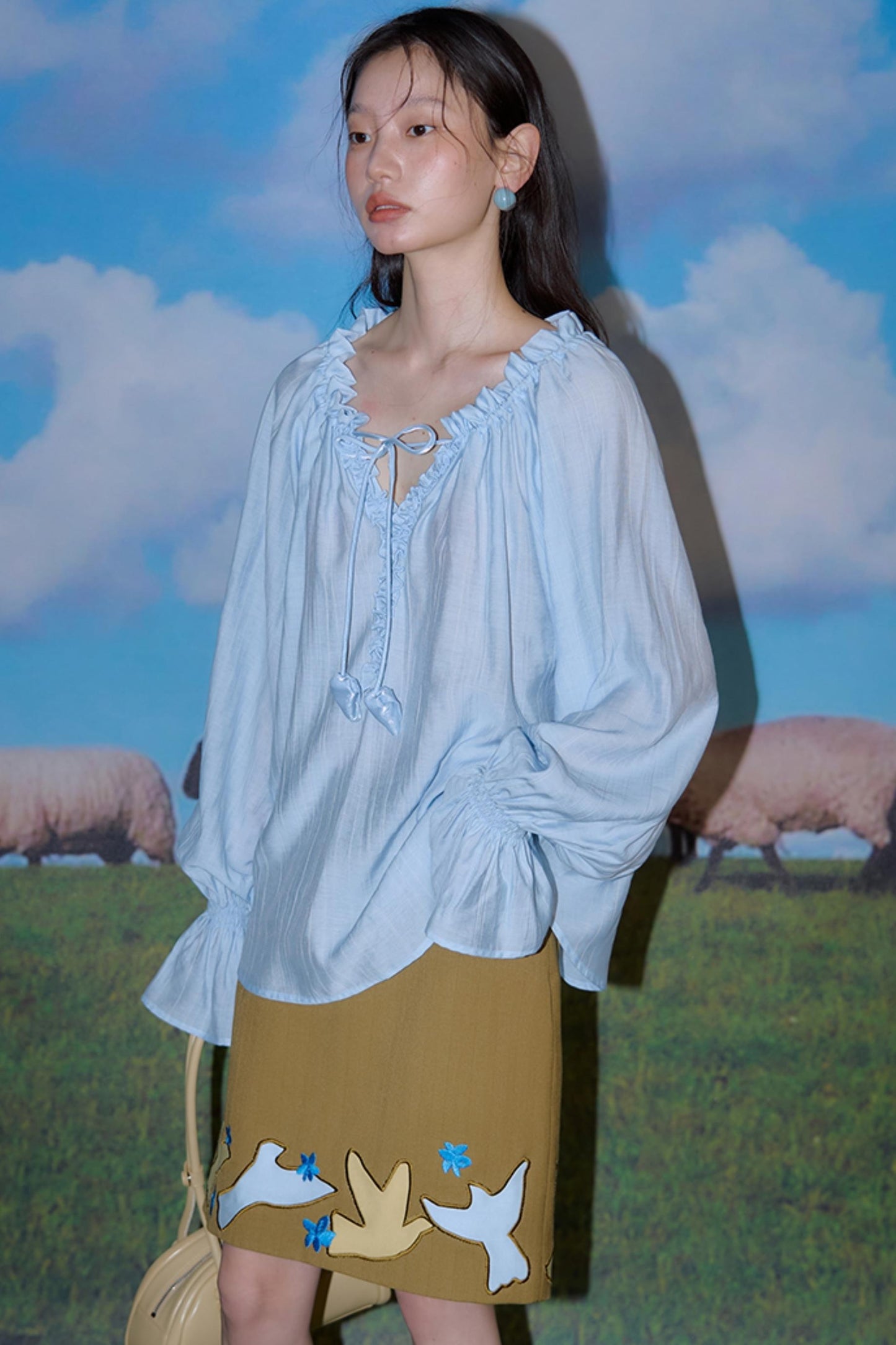 Blue Flower Fruit Ruffle V-Neck Shirt