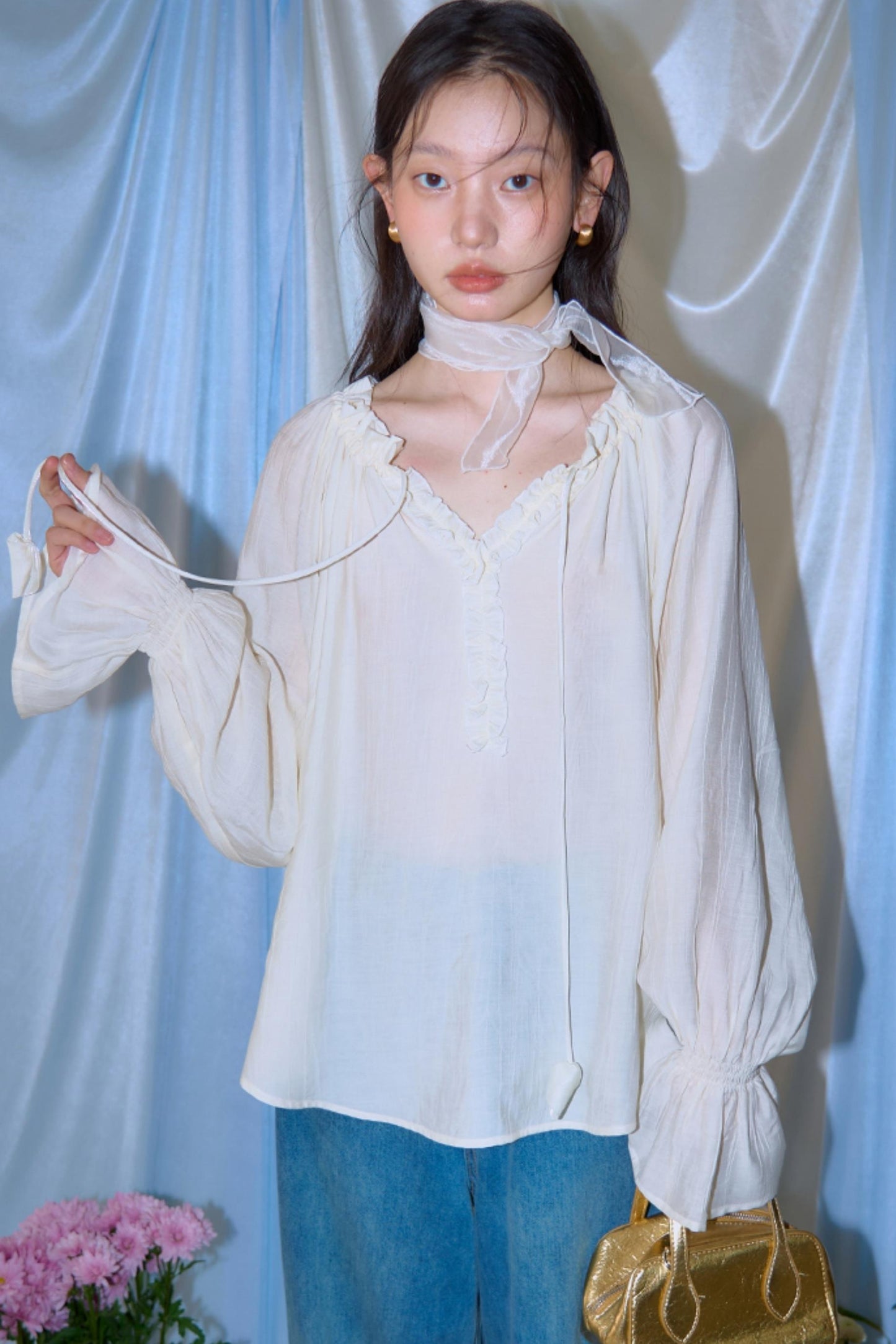 Blue Flower Fruit Ruffle V-Neck Shirt