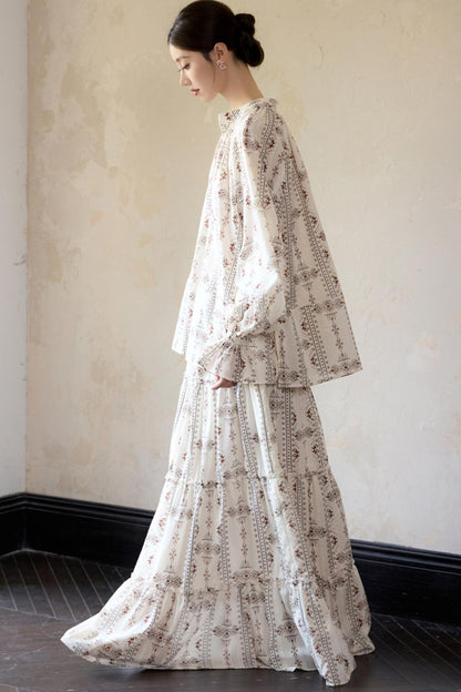 Romantic Ethnic Printed V-Neck Pullover Shirt