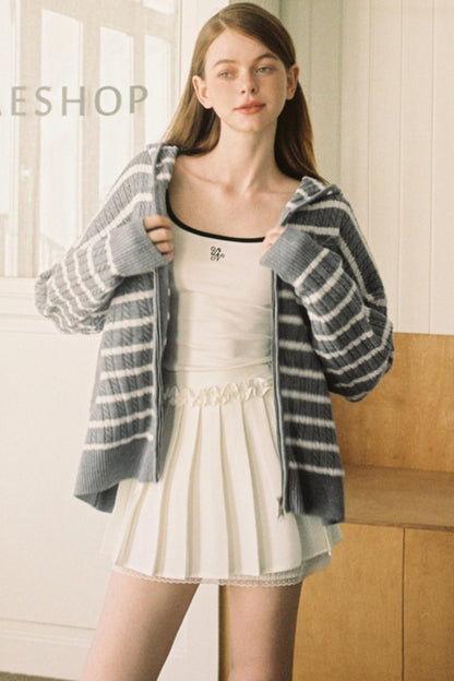 Vintage Gray Striped Hoodie Cardigan