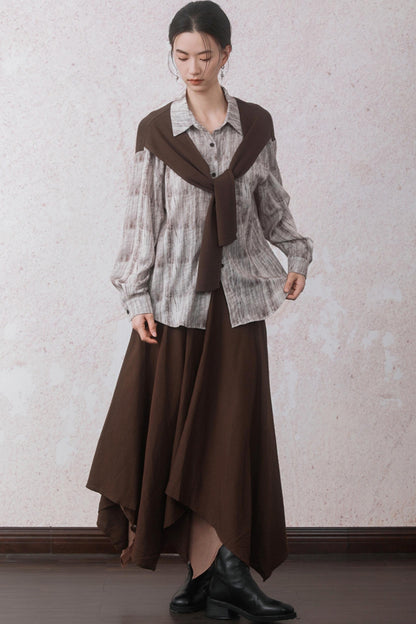 Autumn Double Hem Brown A-Line Skirt