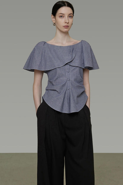 Chic One-Shoulder Lace Stripe Blouse