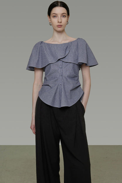 Chic One-Shoulder Lace Stripe Blouse