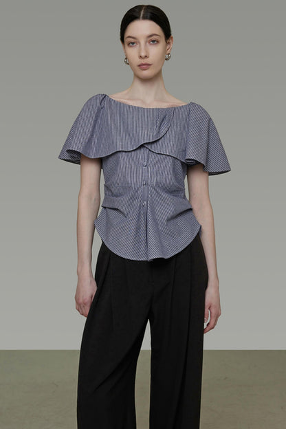 Chic One-Shoulder Lace Stripe Blouse