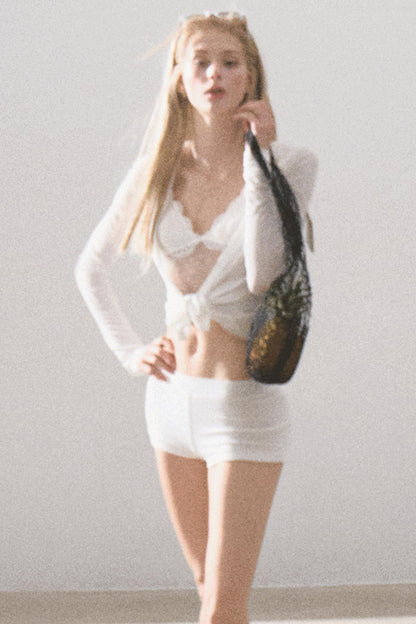 Snowflake Knit Hoodie & Patchwork Shorts Set-Up