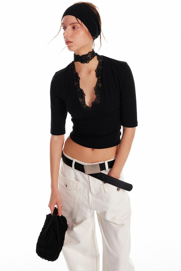 Black Lace V-Neck Five-Minute Sleeve Top