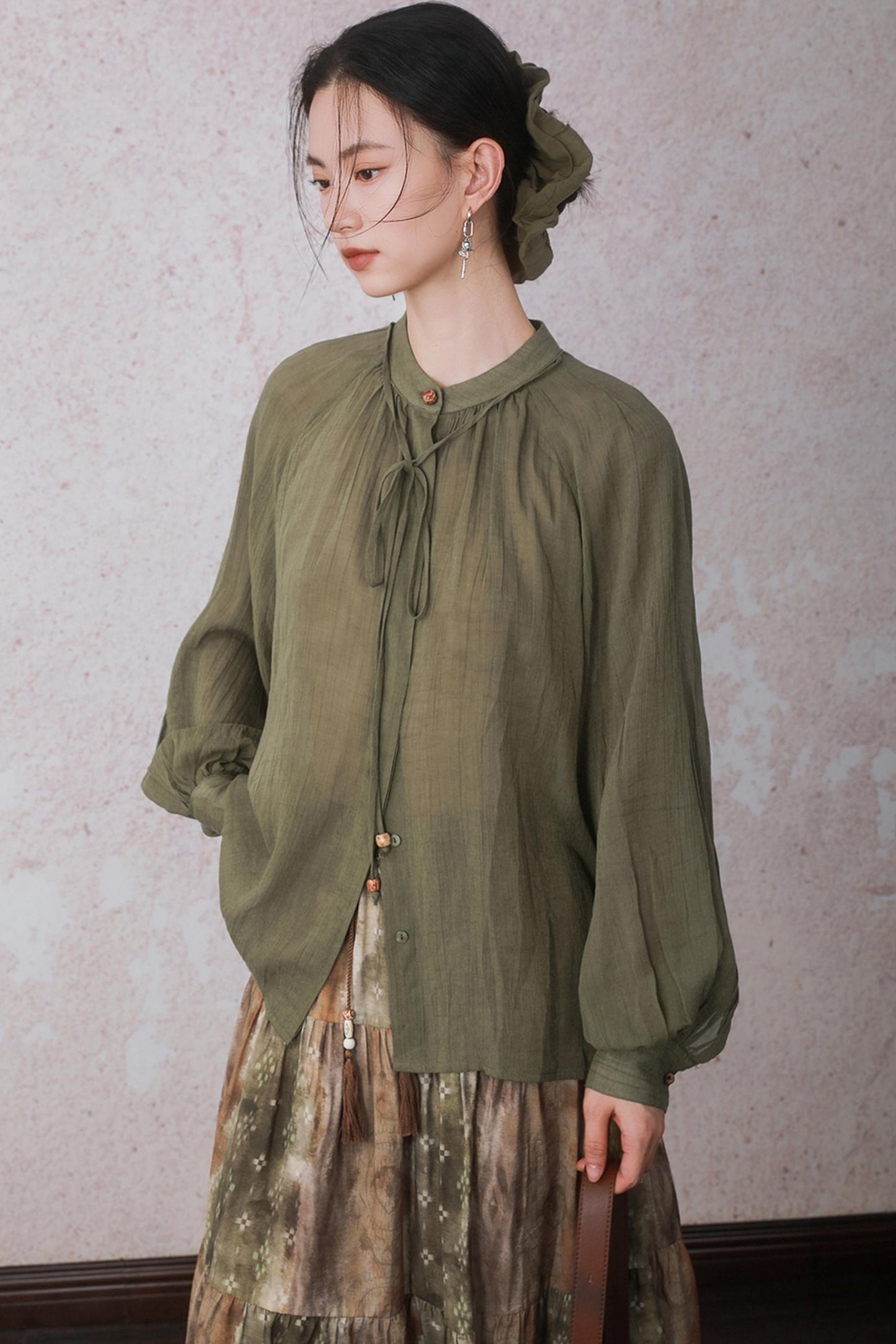 Autumn Green Stand Up Collar Chinese Shirt
