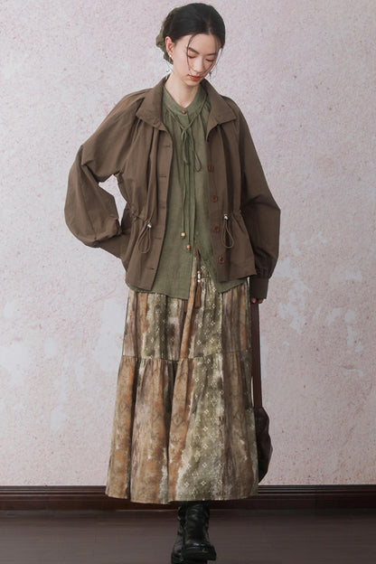 Autumn Green Stand Up Collar Chinese Shirt