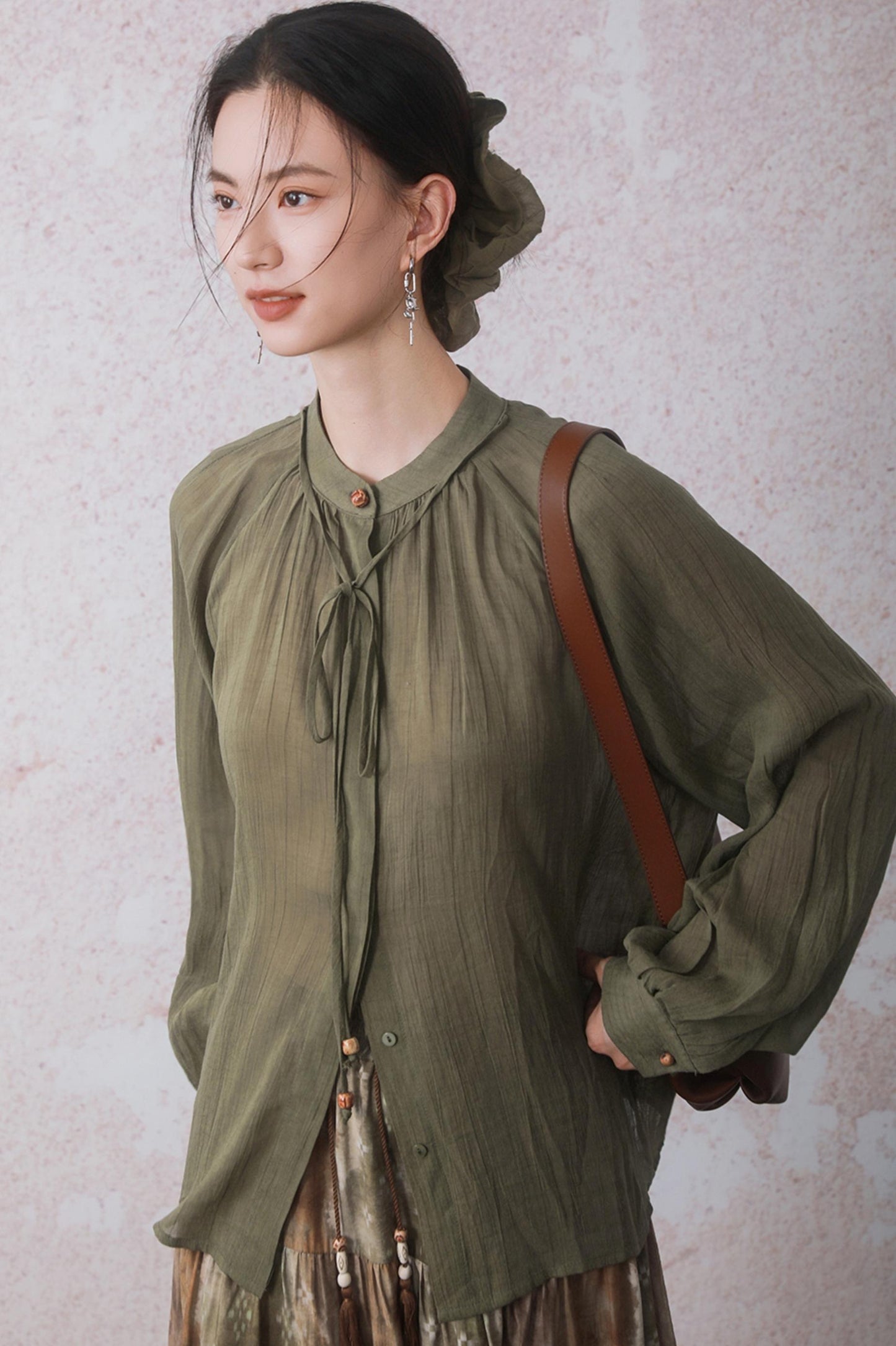 Autumn Green Stand Up Collar Chinese Shirt