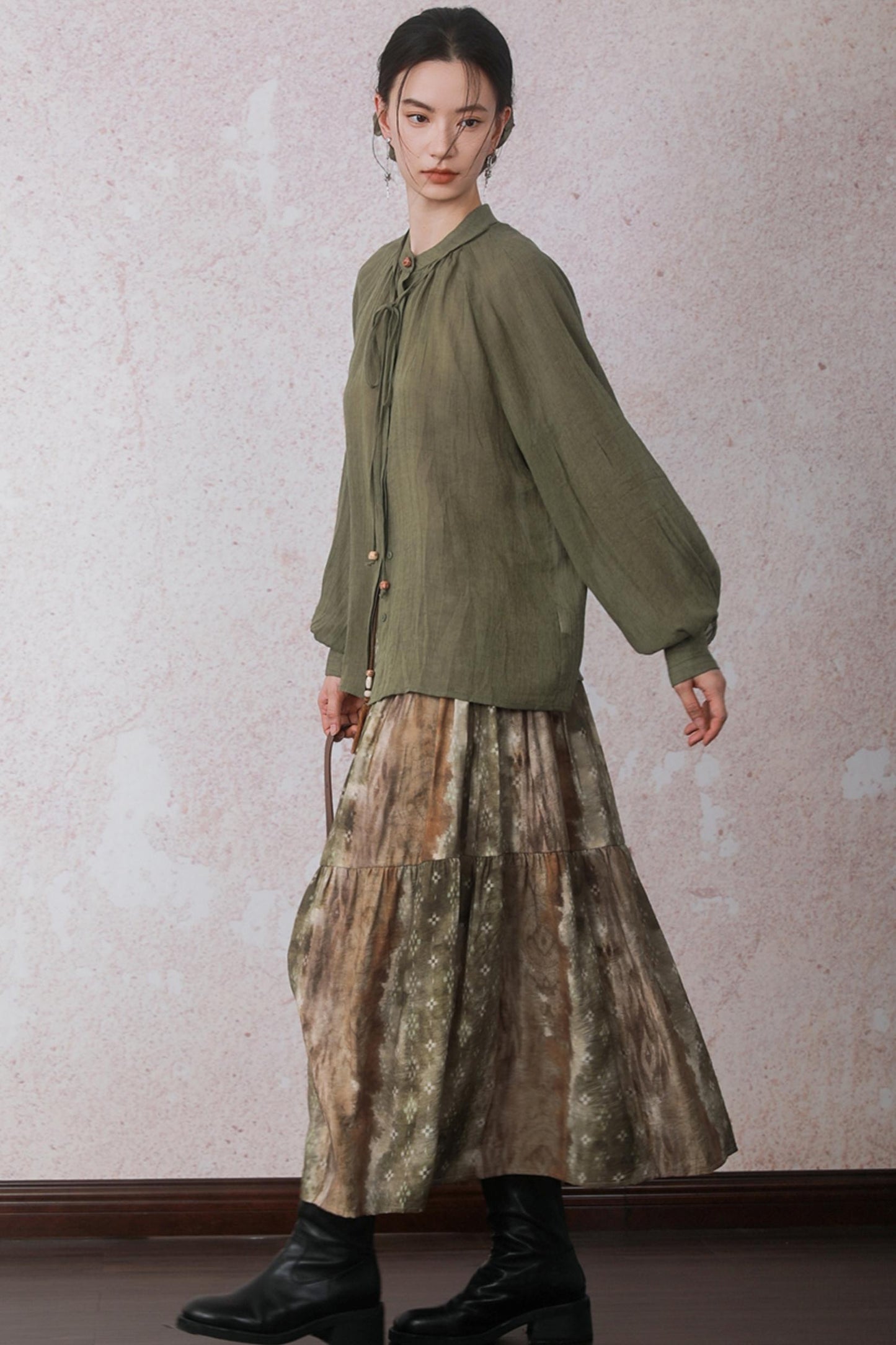 Autumn Green Stand Up Collar Chinese Shirt