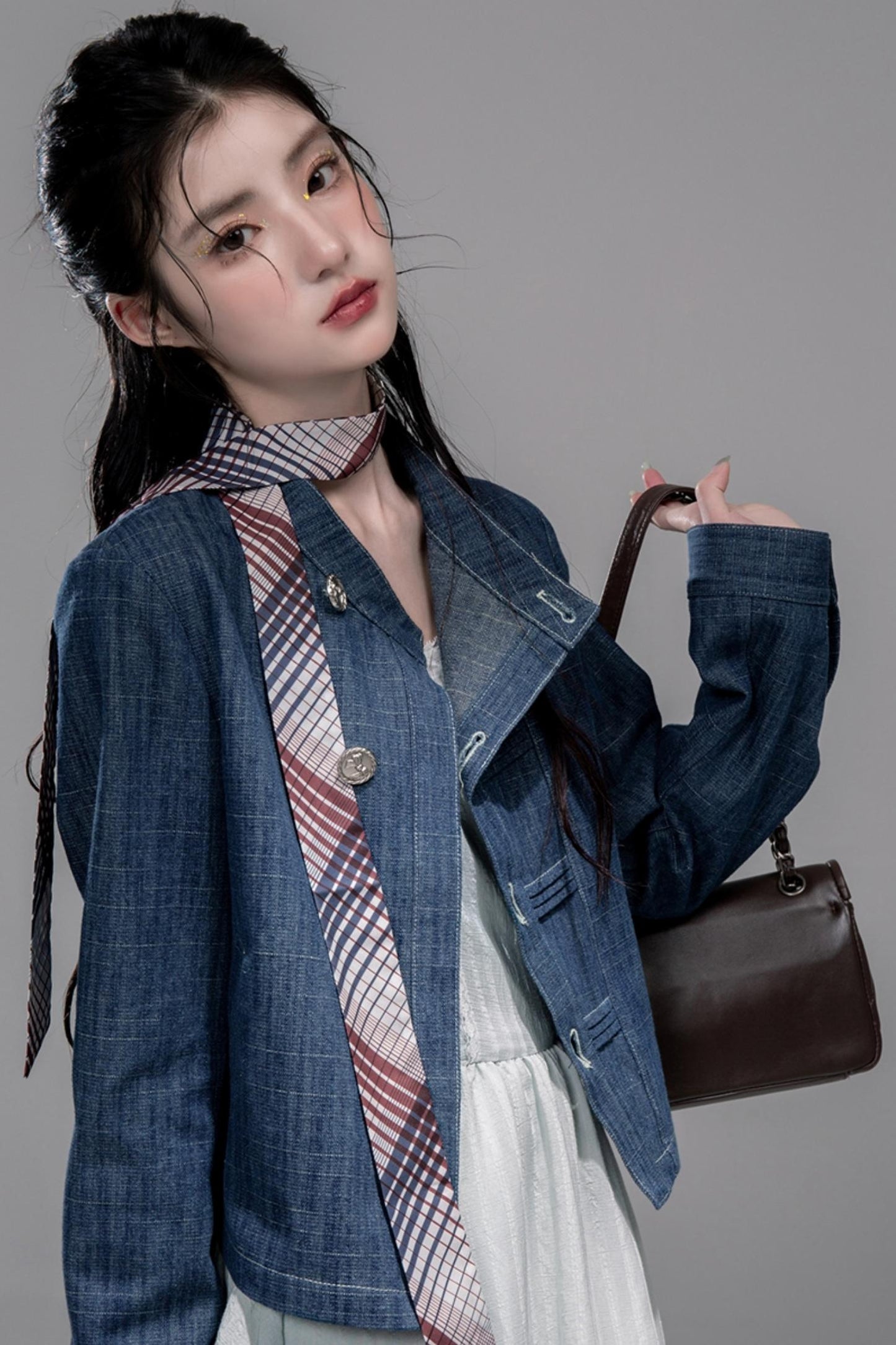 Misty Moon Blue Plaid Denim Jacket