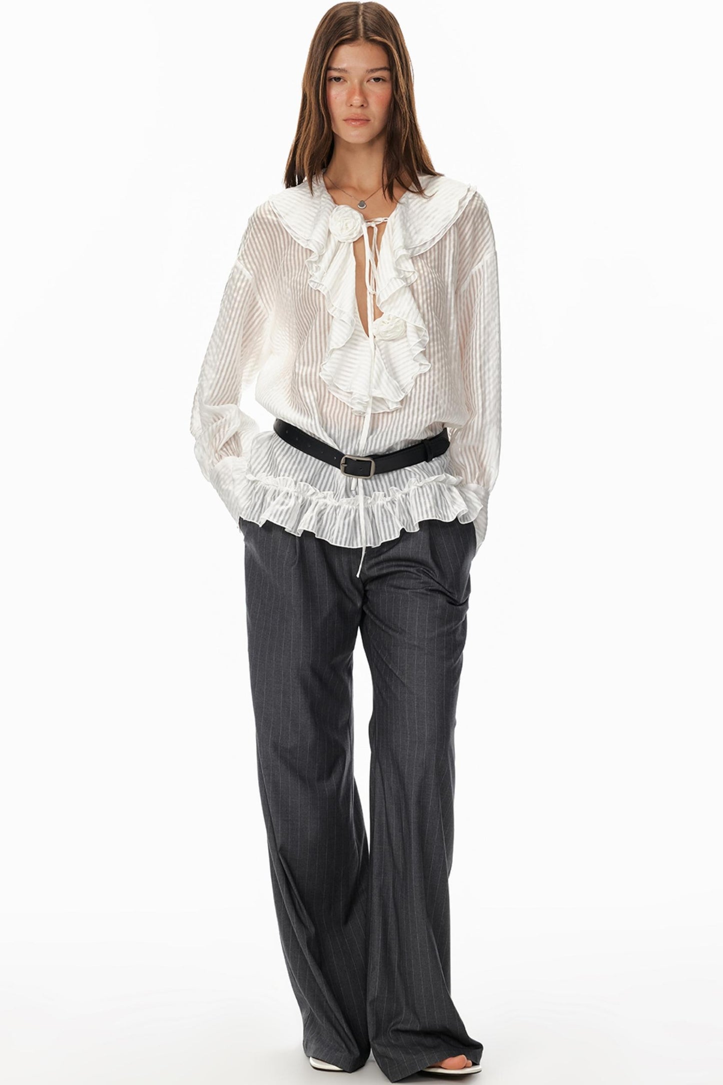 Ruffled V-Neck Striped Top