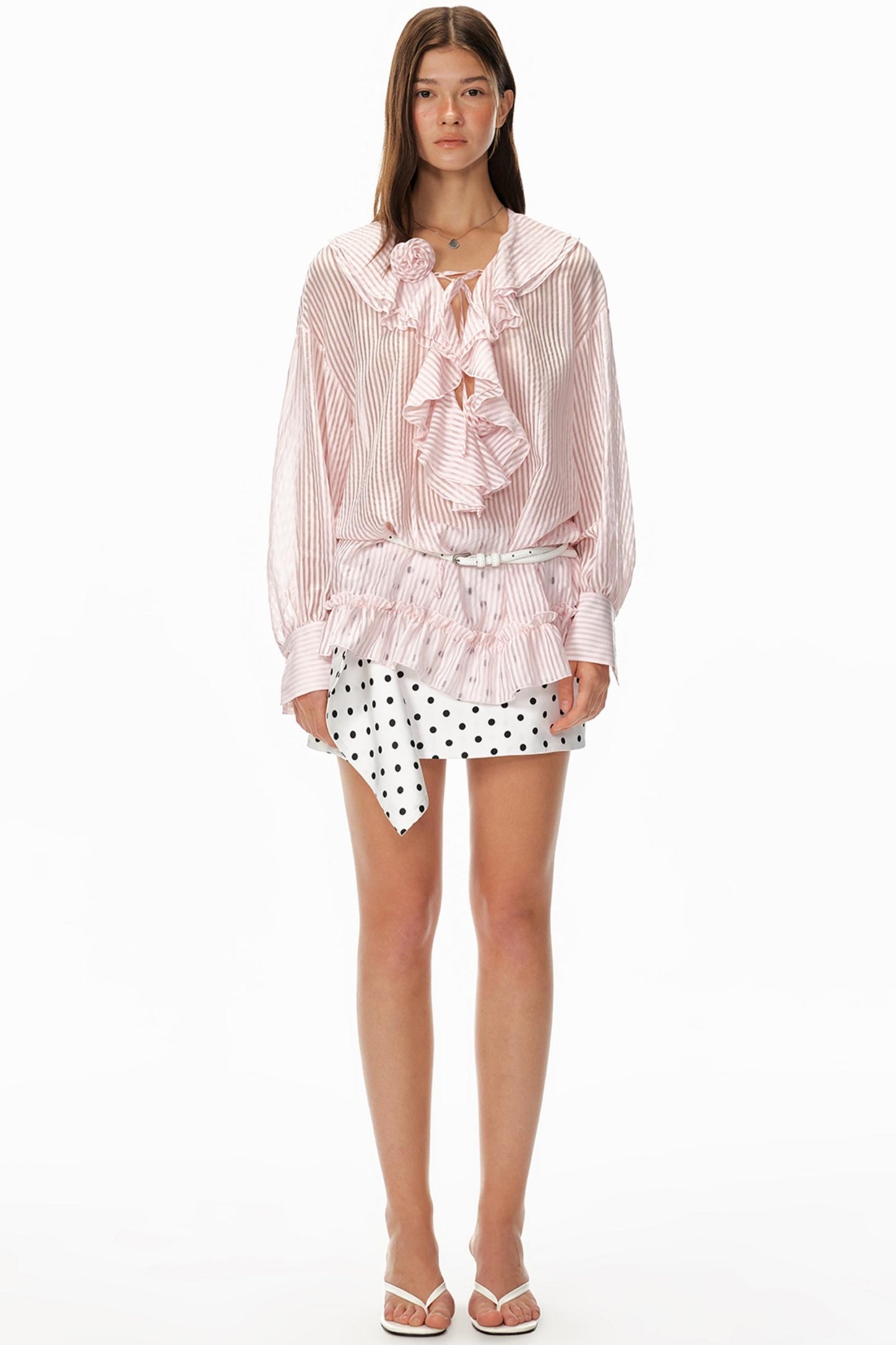 Ruffled V-Neck Striped Top