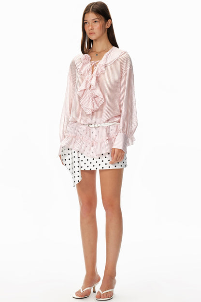 Ruffled V-Neck Striped Top