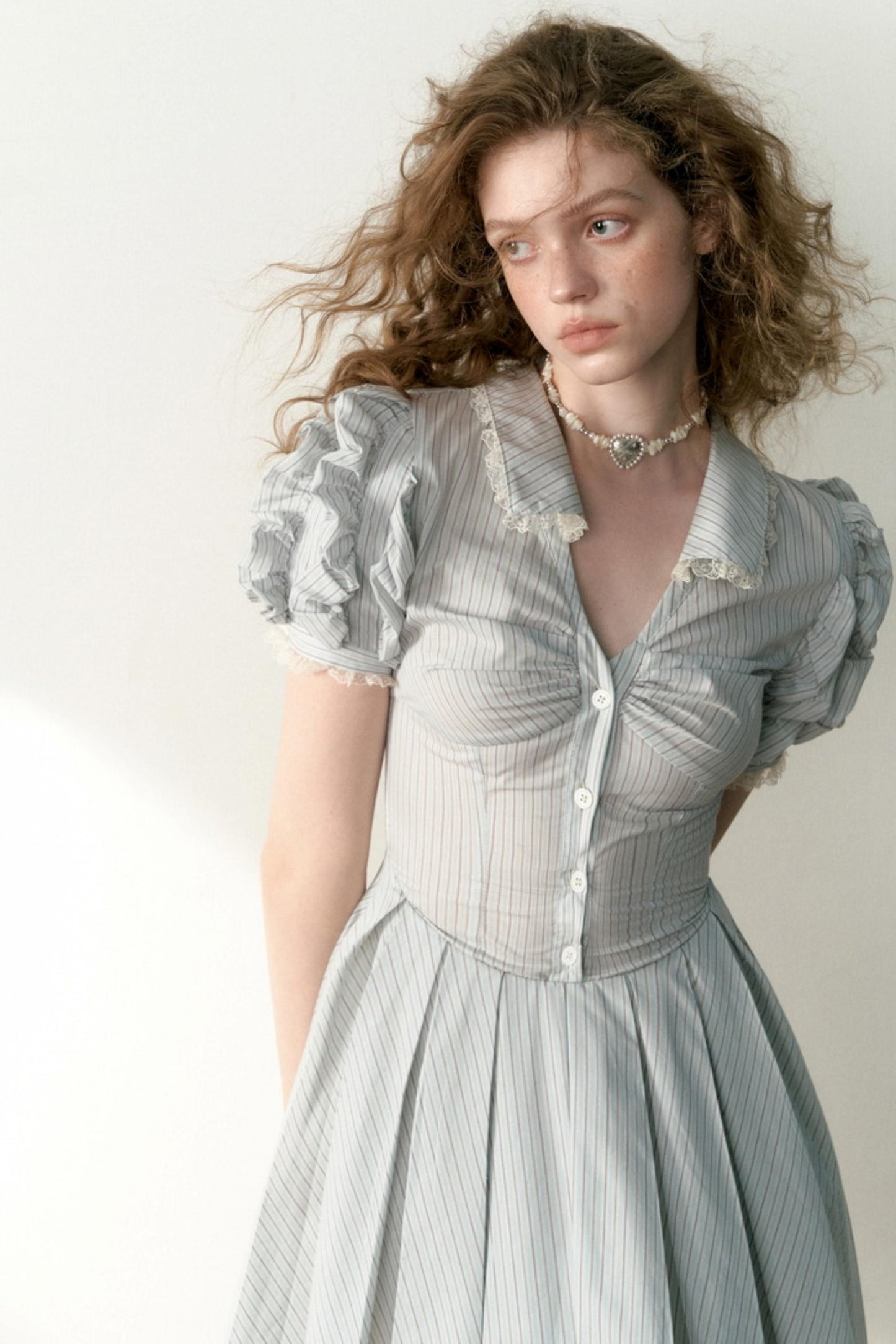 Blue Striped Bubble Sleeve Floral Pleated Dress