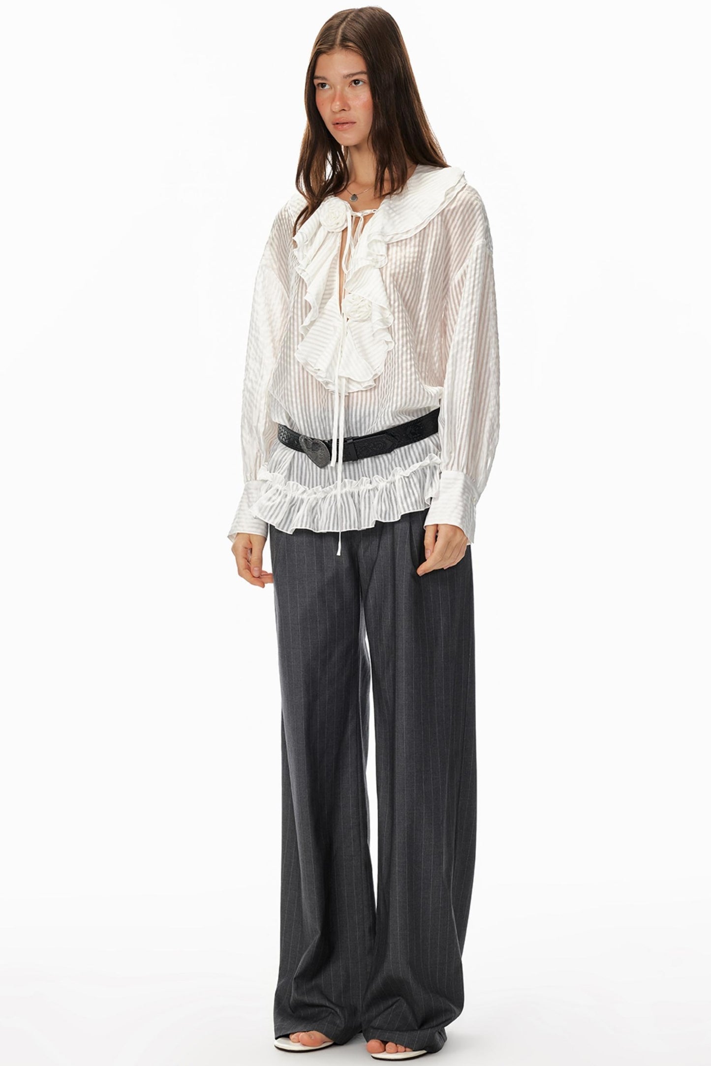 Ruffled V-Neck Striped Top