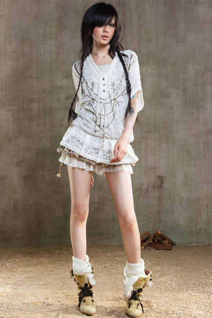 Earthy Orange Belt With Retro Lace Shirt Set-Up