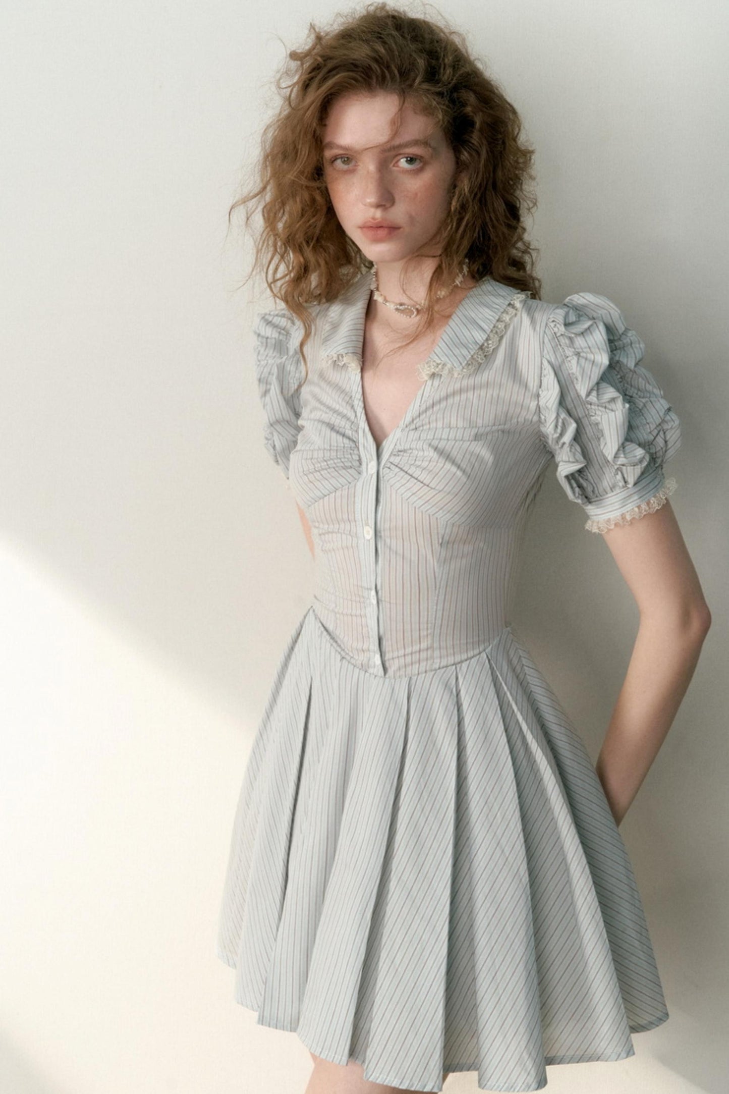 Blue Striped Bubble Sleeve Floral Pleated Dress