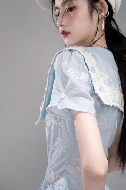 Leisurely Blue Lace Short Sleeve Dress