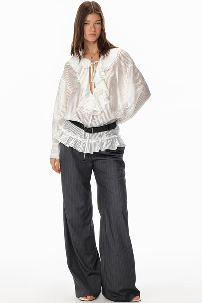 Ruffled V-Neck Striped Top