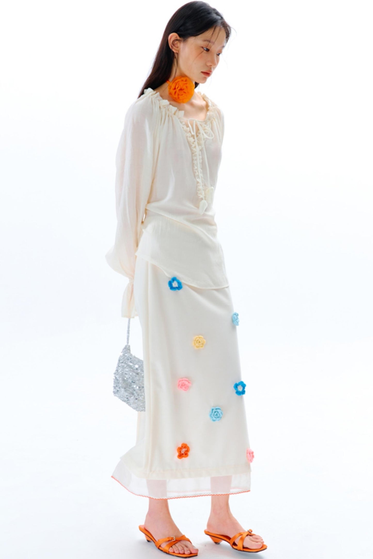 Hand Crochet Flower Organza Panel Skirt