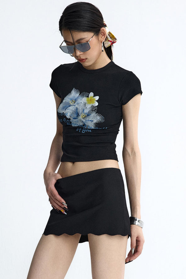 Retro Black Floral Crop T-Shirt