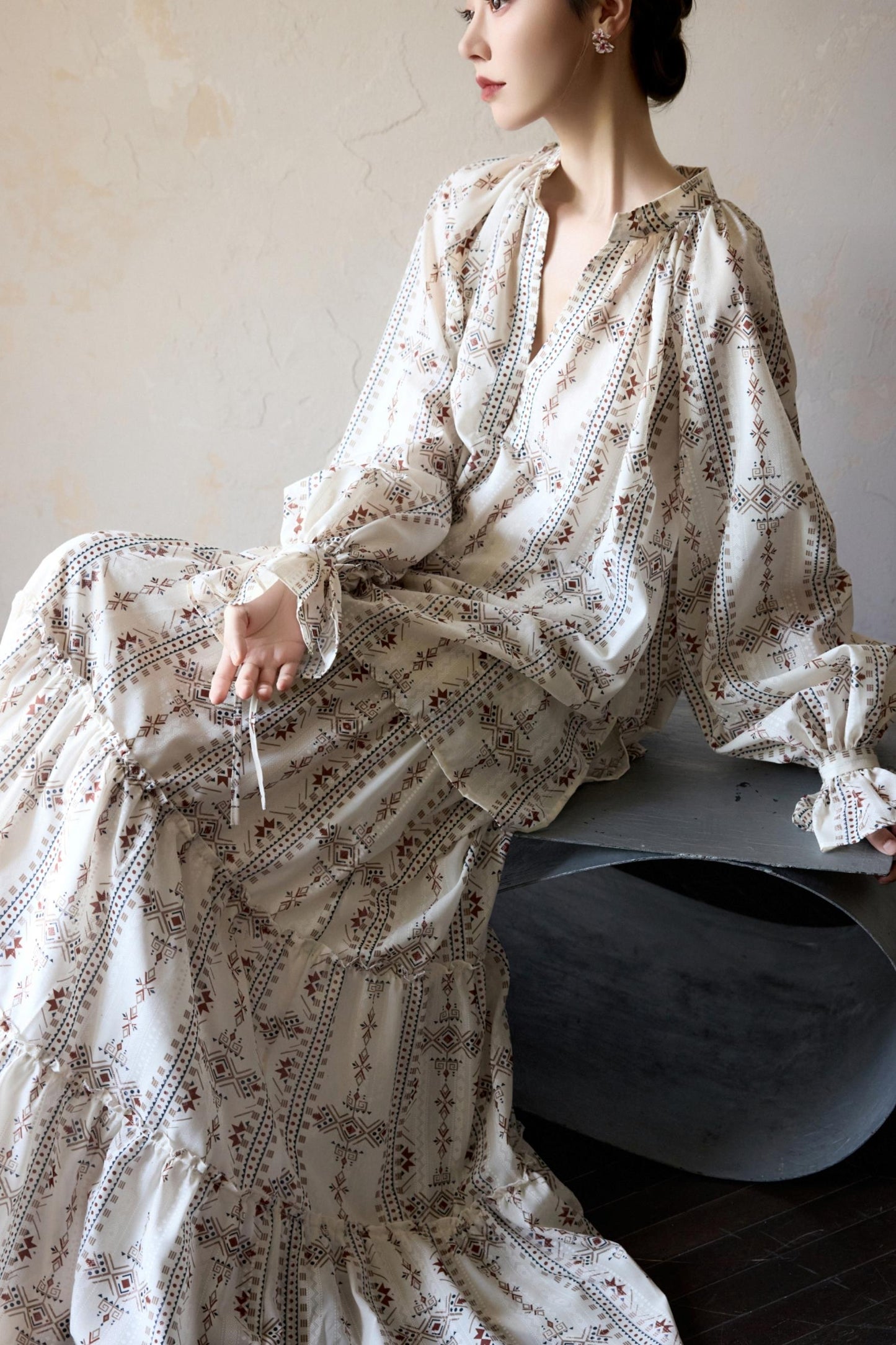 Romantic Ethnic Printed V-Neck Pullover Shirt