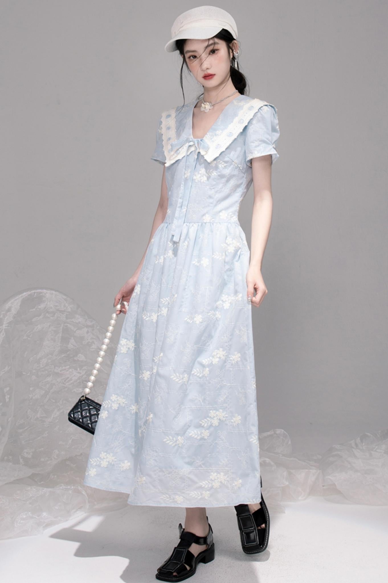 Leisurely Blue Lace Short Sleeve Dress