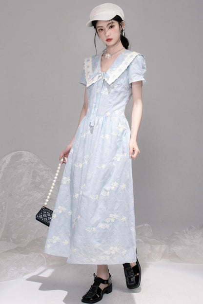 Leisurely Blue Lace Short Sleeve Dress