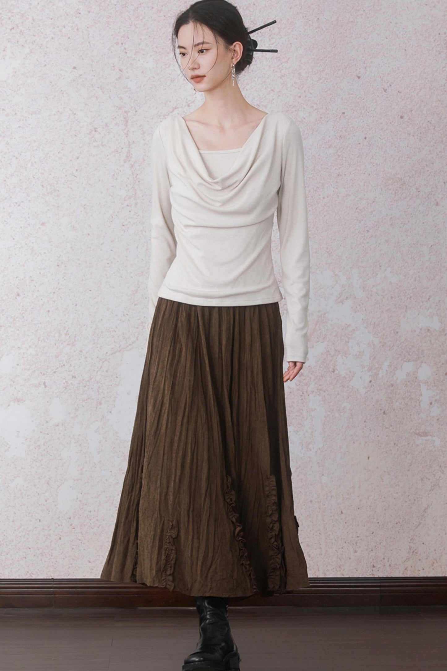 Autumn Brick Brown Fleece A-Line Skirt