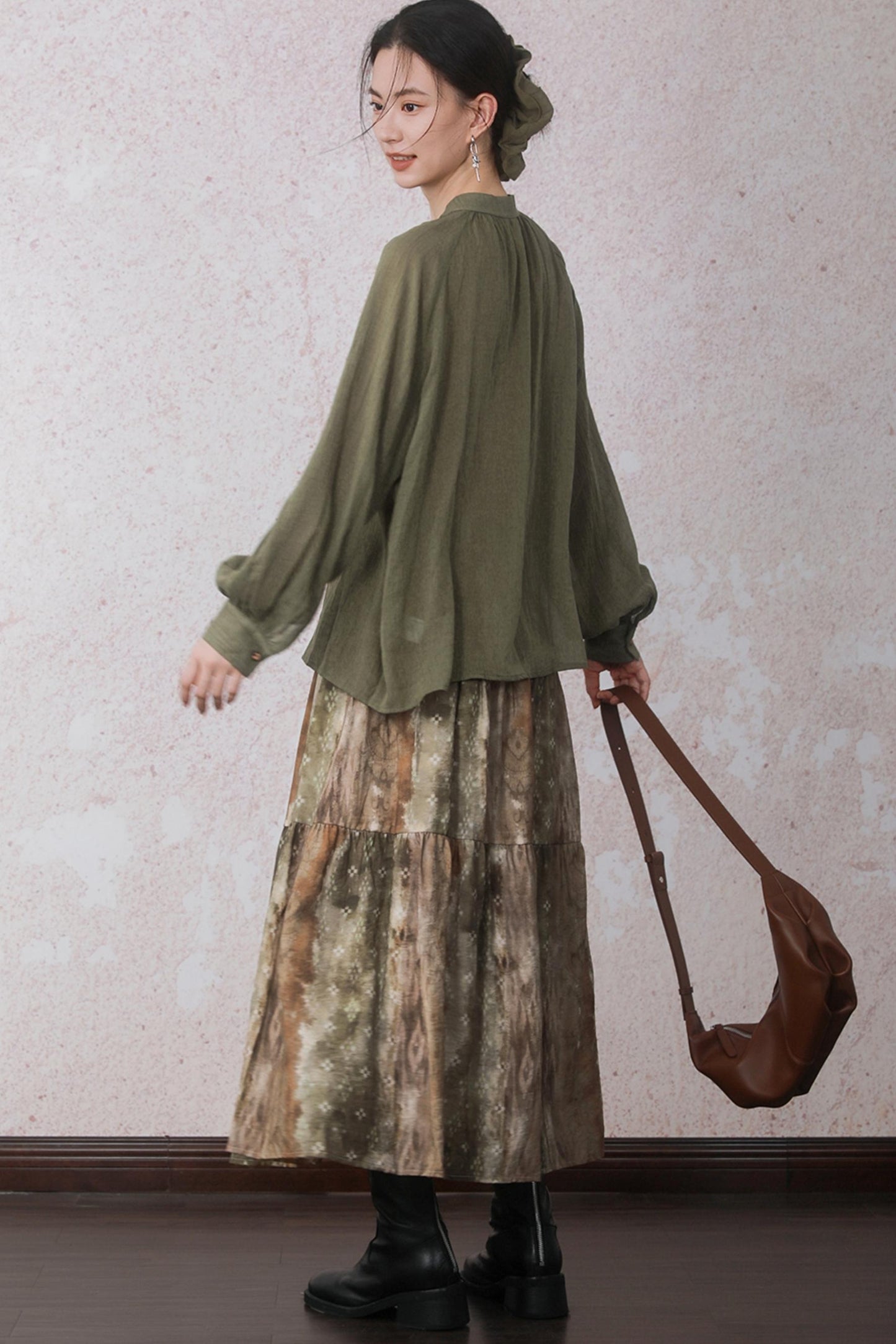 Autumn Green Stand Up Collar Chinese Shirt