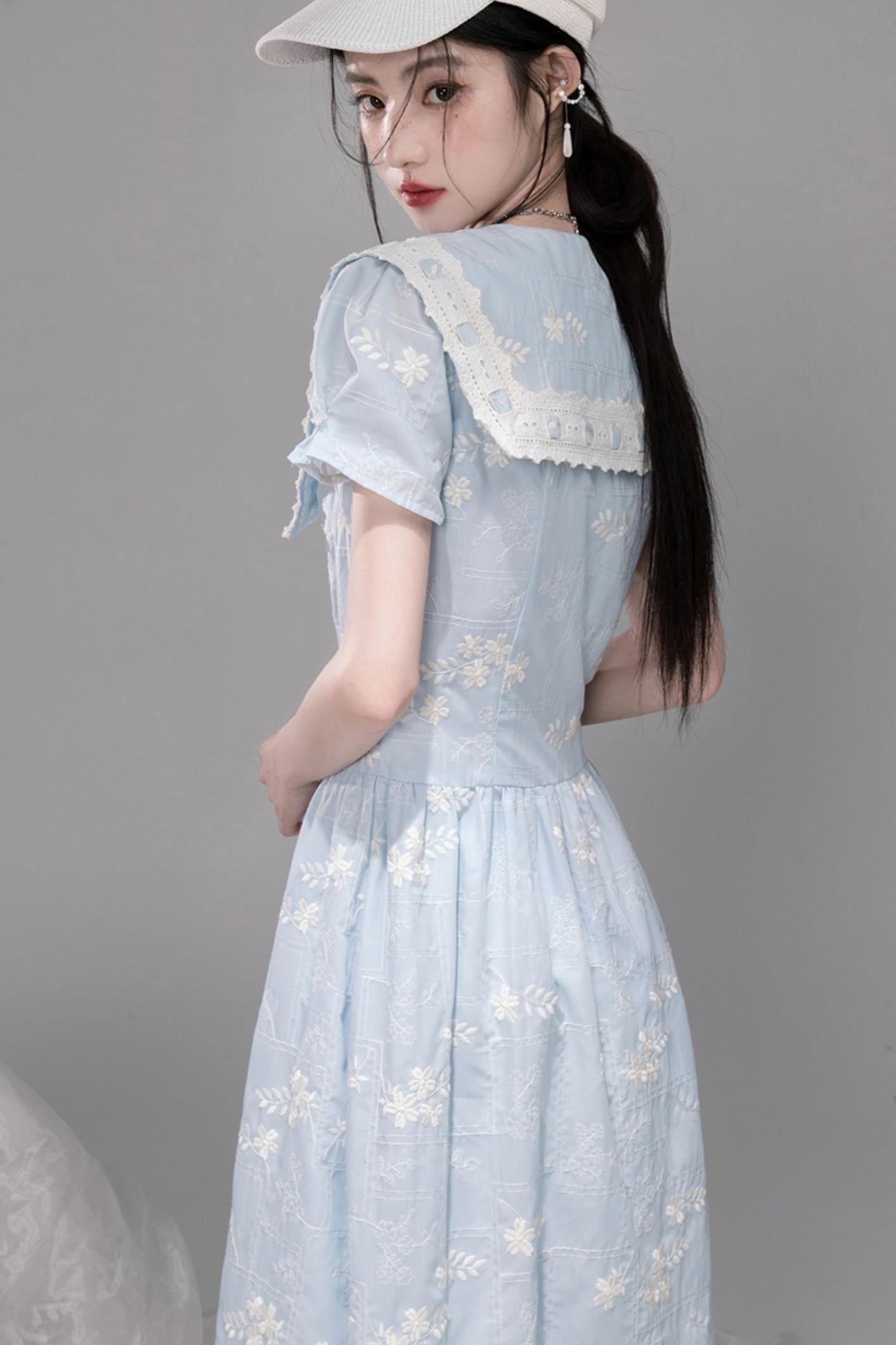Leisurely Blue Lace Short Sleeve Dress