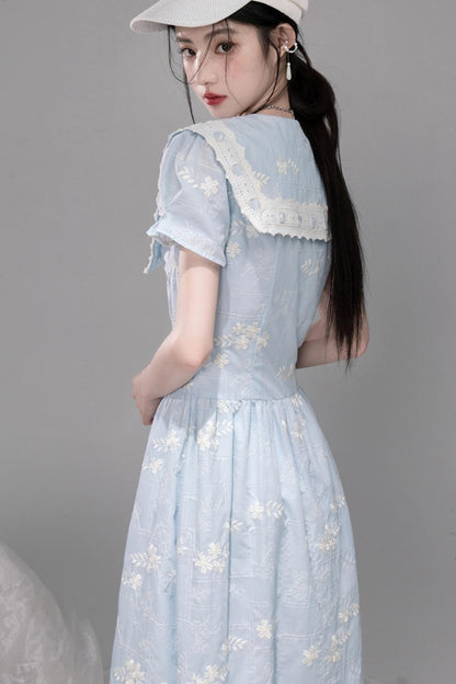 Leisurely Blue Lace Short Sleeve Dress