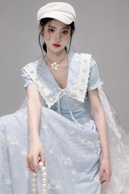 Leisurely Blue Lace Short Sleeve Dress