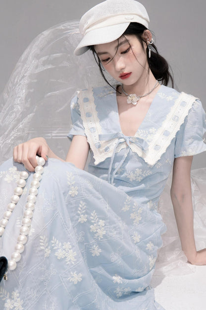 Leisurely Blue Lace Short Sleeve Dress