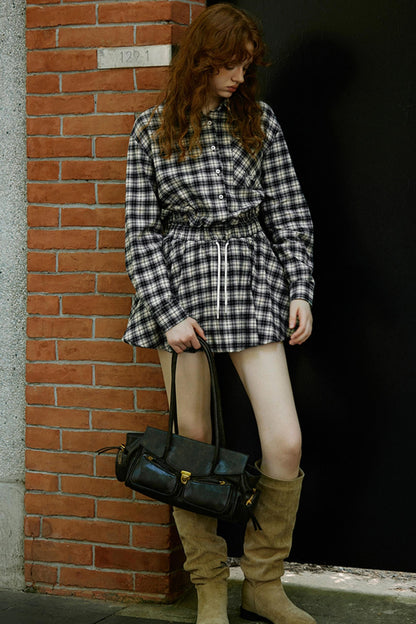 Check Embroidered Sleeve Shirt Dress