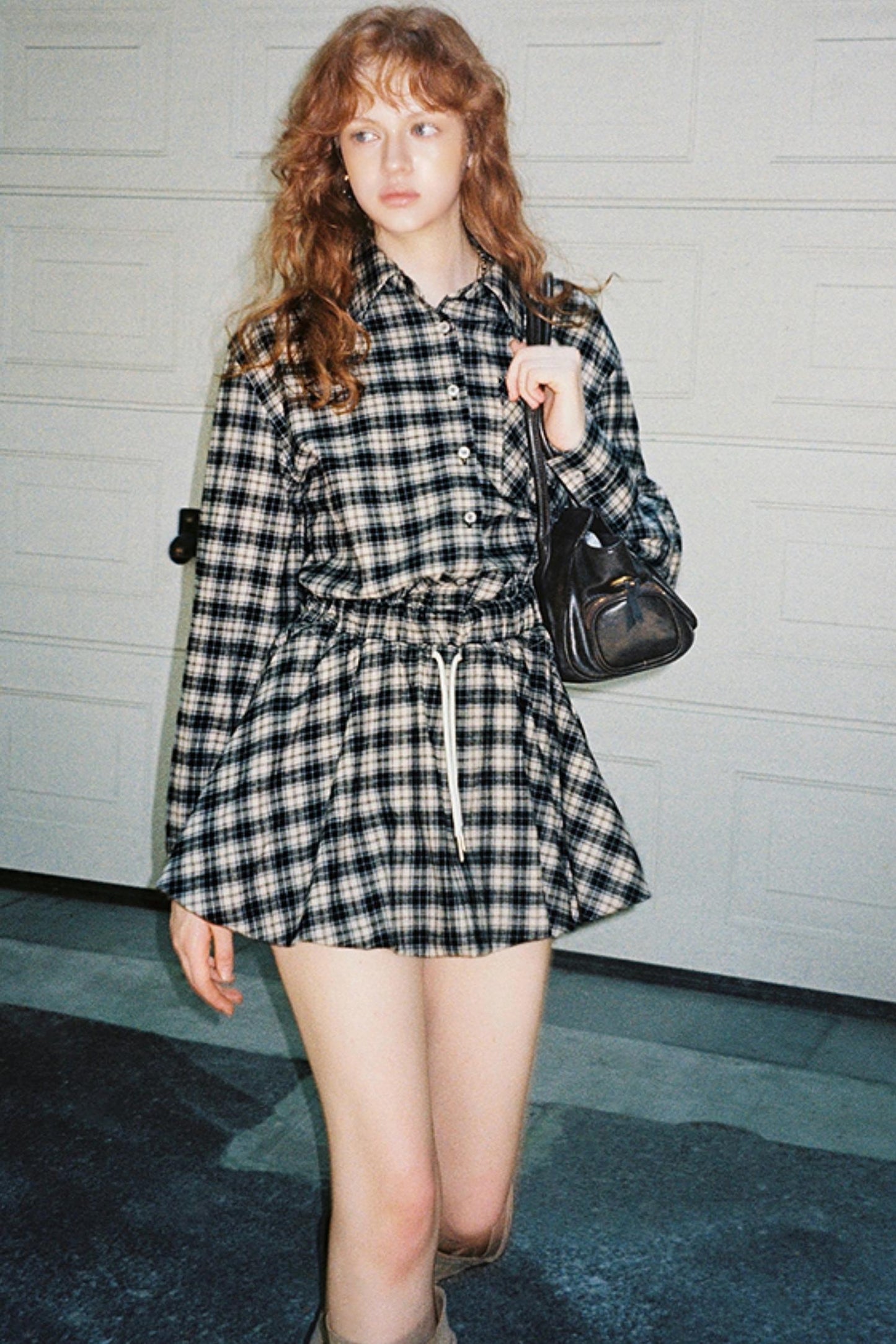 Check Embroidered Sleeve Shirt Dress