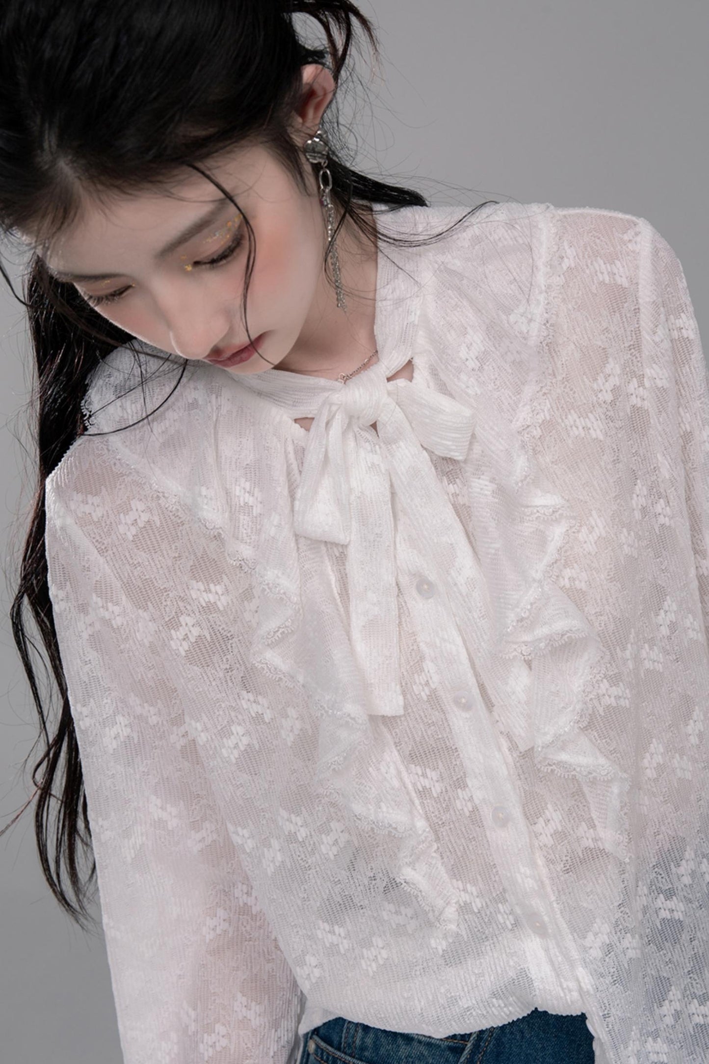 White Cloud Gauze Ruffled Shirt Set-Up