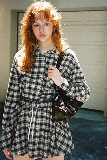 Check Embroidered Sleeve Shirt Dress