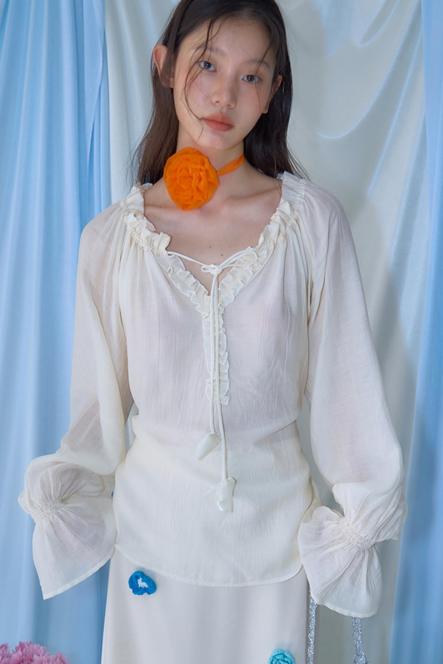 Blue Flower Fruit Ruffle V-Neck Shirt