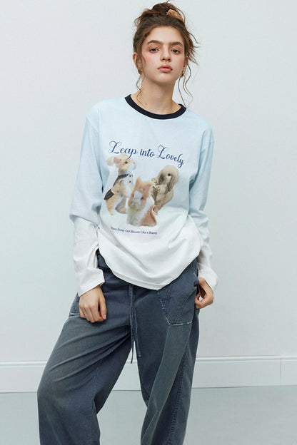 Rabbit Print Gradient Long Sleeve T-Shirt