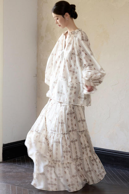 Romantic Ethnic Printed V-Neck Pullover Shirt