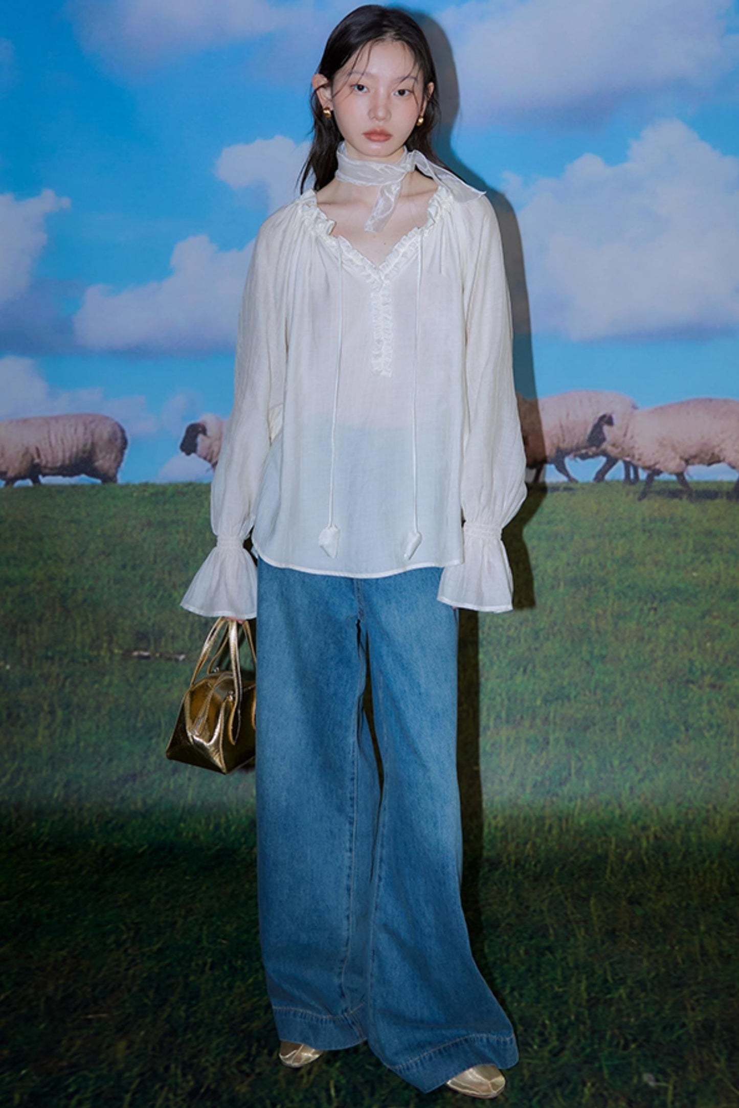 Blue Flower Fruit Ruffle V-Neck Shirt