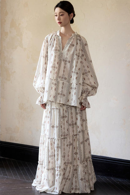 Romantic Ethnic Printed V-Neck Pullover Shirt