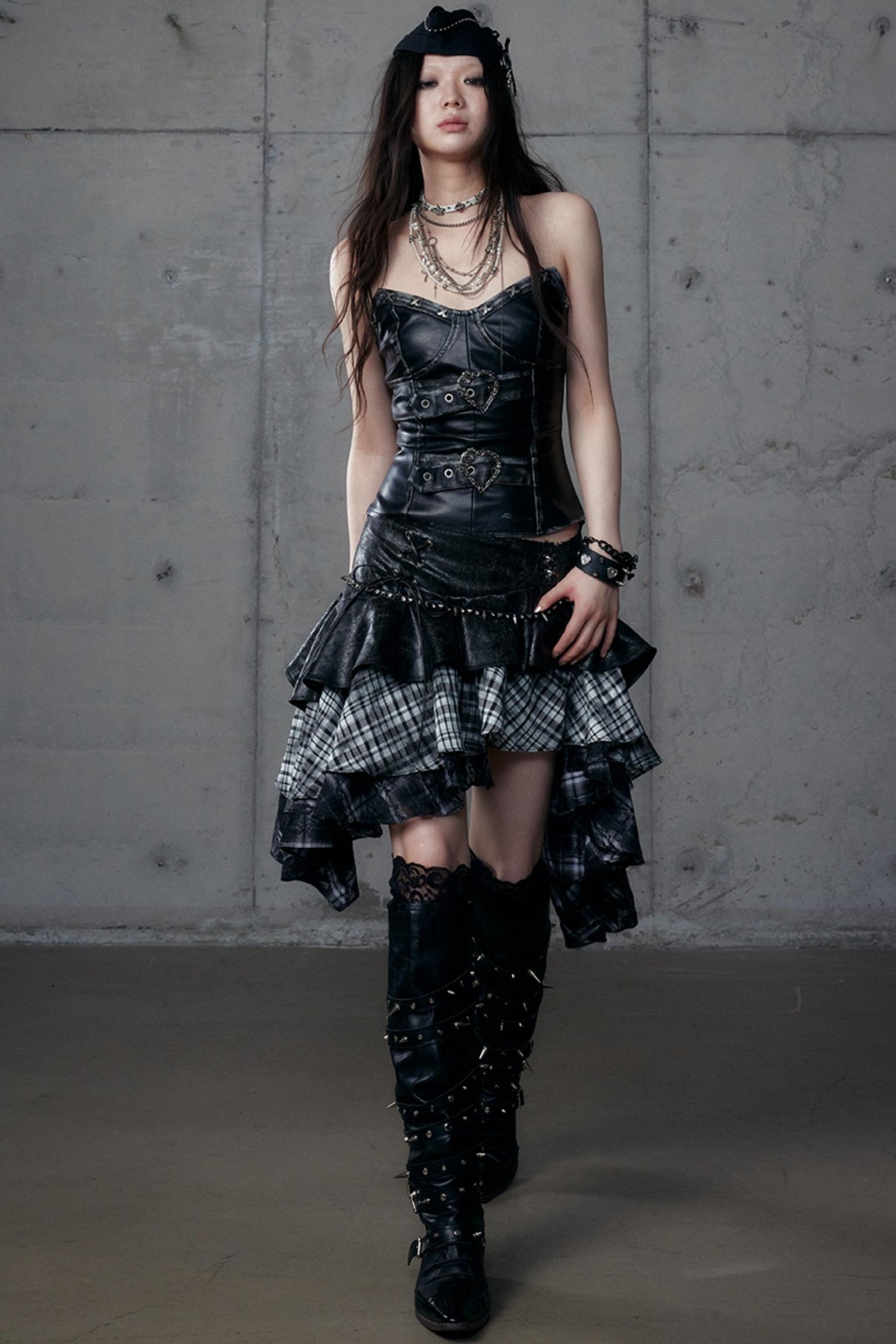 Dark Retro Plaid Leather Skirt