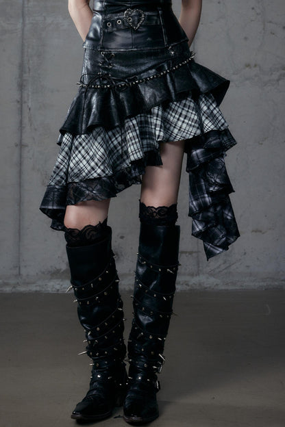 Dark Retro Plaid Leather Skirt