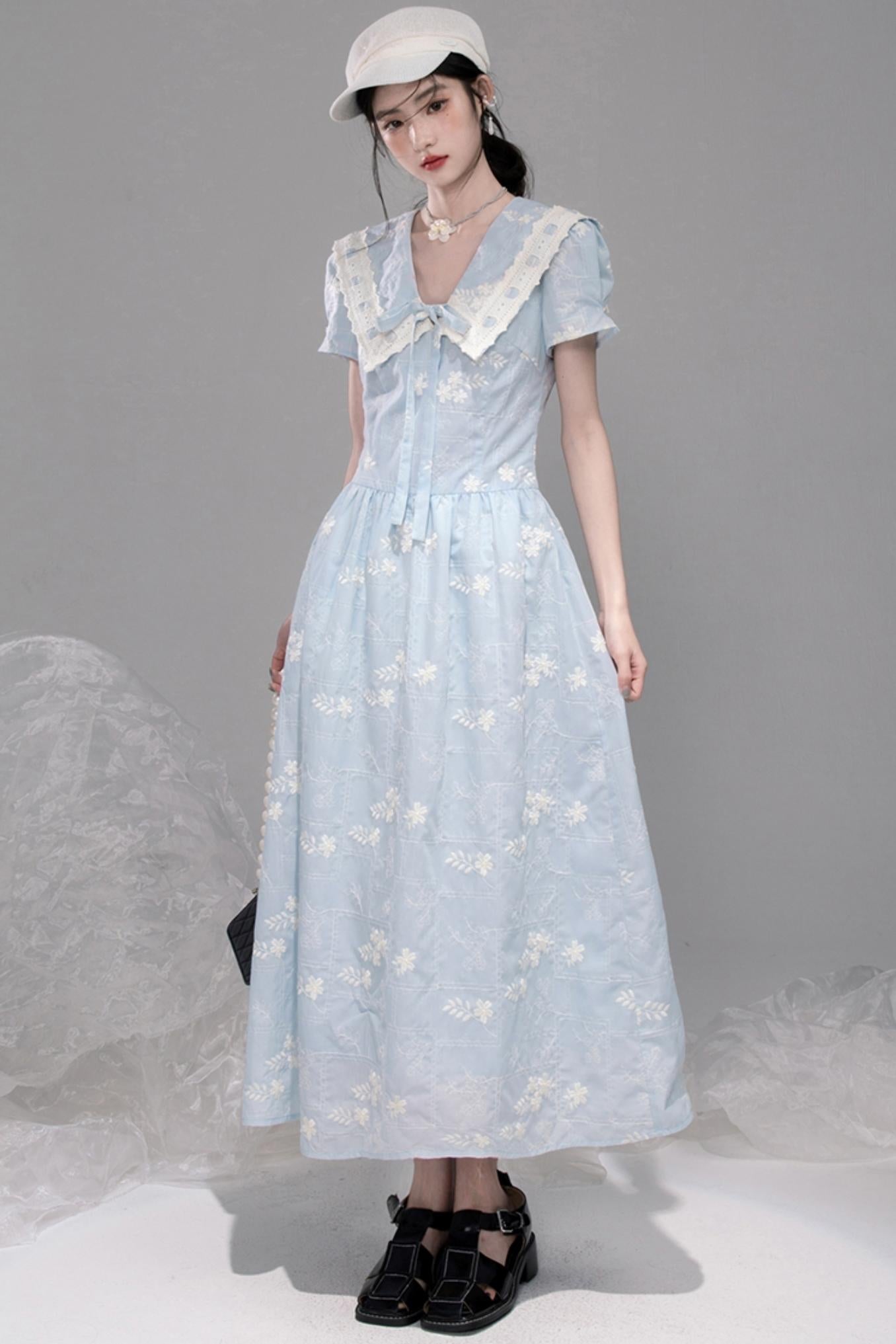 Leisurely Blue Lace Short Sleeve Dress