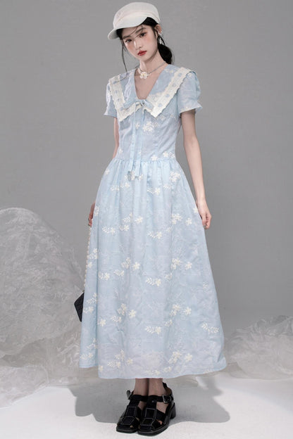 Leisurely Blue Lace Short Sleeve Dress