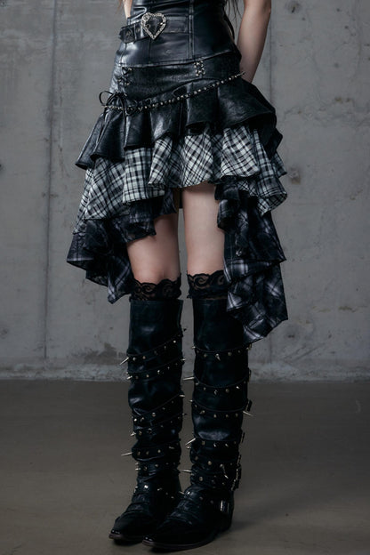 Dark Retro Plaid Leather Skirt